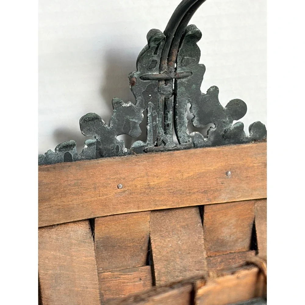 Vintage Woven Wood Splint Log Basket Wrought Iron Scrolled Frame Hearth Holder